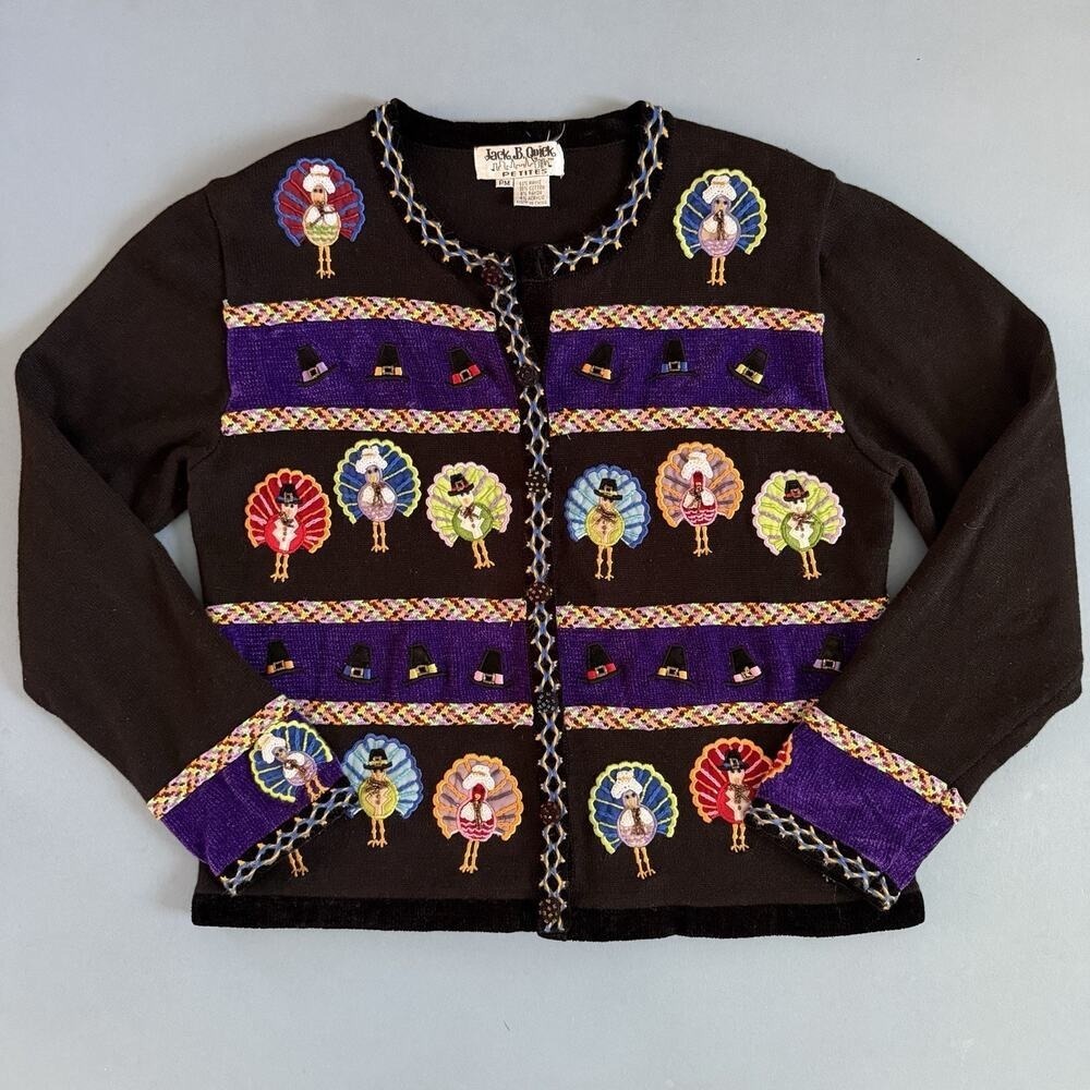 Vintage Jack‎ B Quick Thanksgiving Beaded Turkey Retro Cardigan Sweater